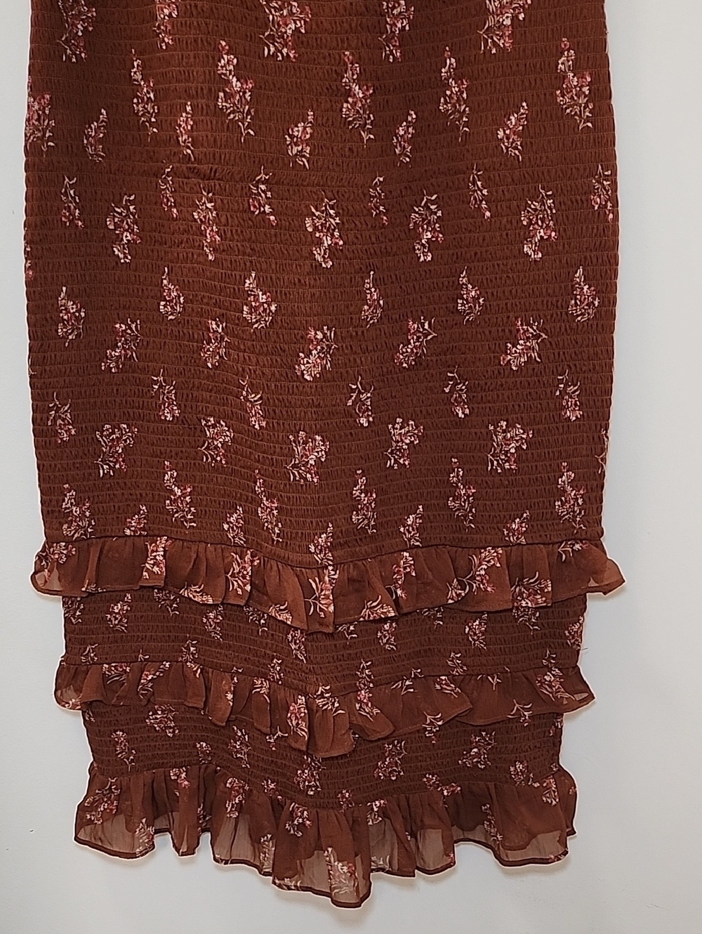 Abercrombie&Fitch Tie-Strap Smocked Mid Dress Chocolate brown floral print Sz XL - Picture 6 of 16